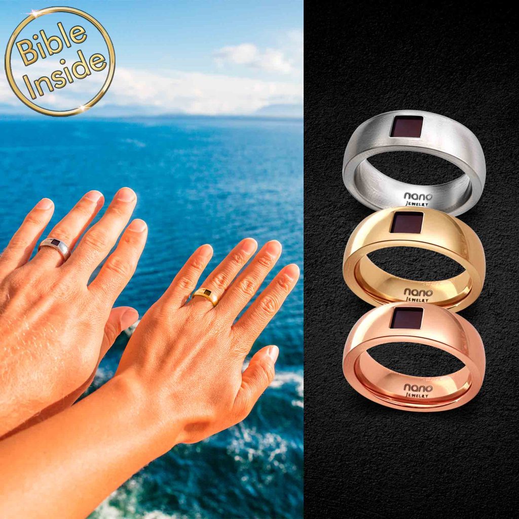 Bible Scripture Rings on Hands by Ocean with Silver and Gold Options from Nano Jewelry